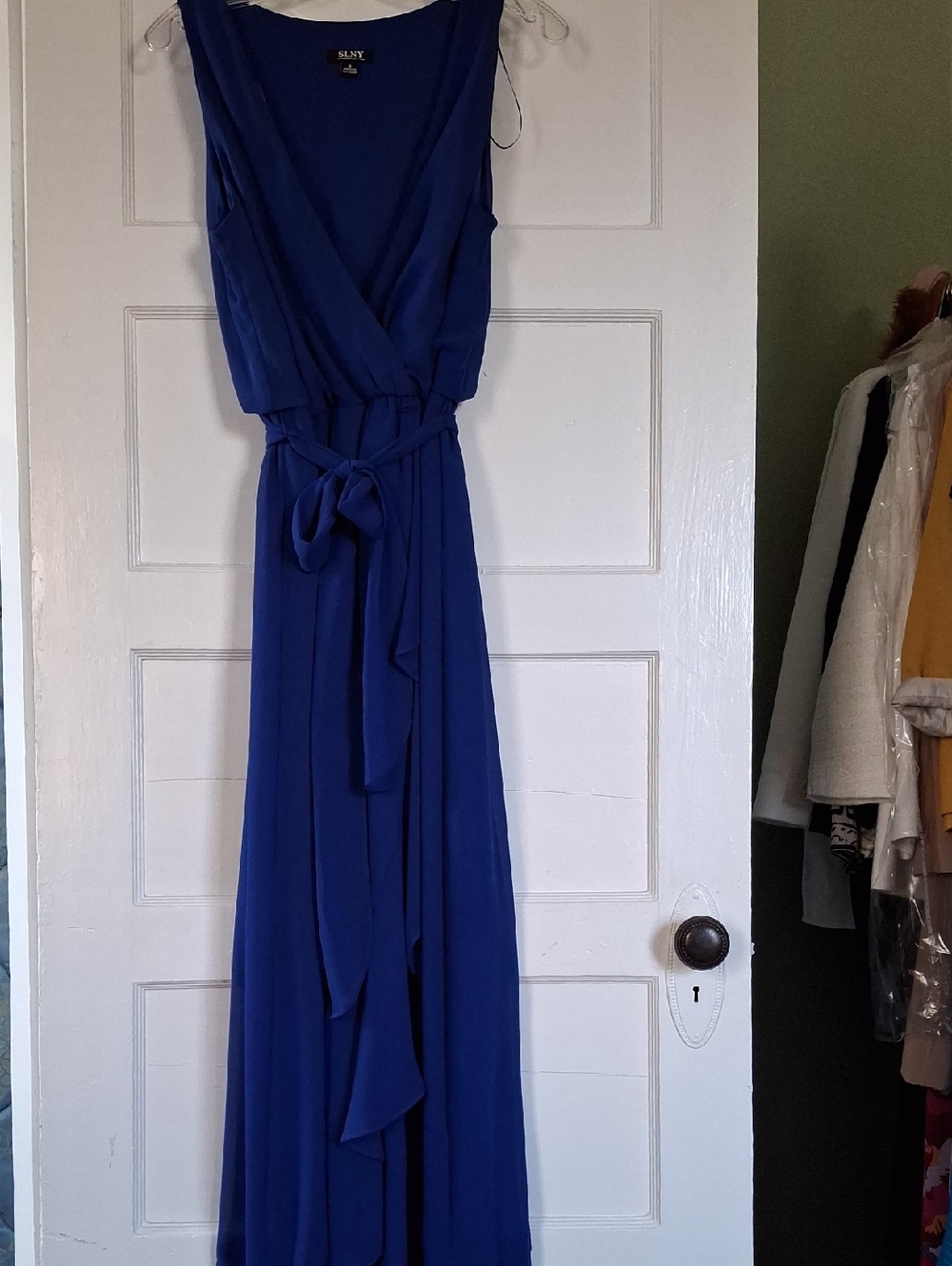 SLNY Cobalt Sleeveless Wrap Maxi Dress with Tie Waist